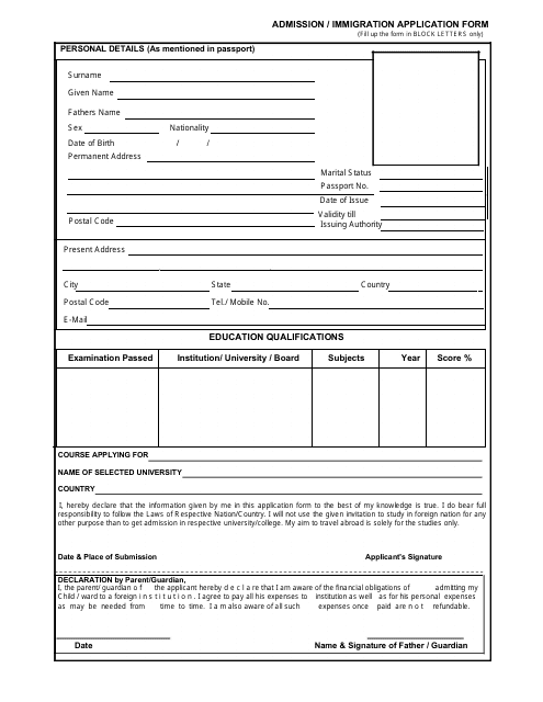 &quot;Admission / Immigration Application Form for Indian Students&quot; Download Pdf