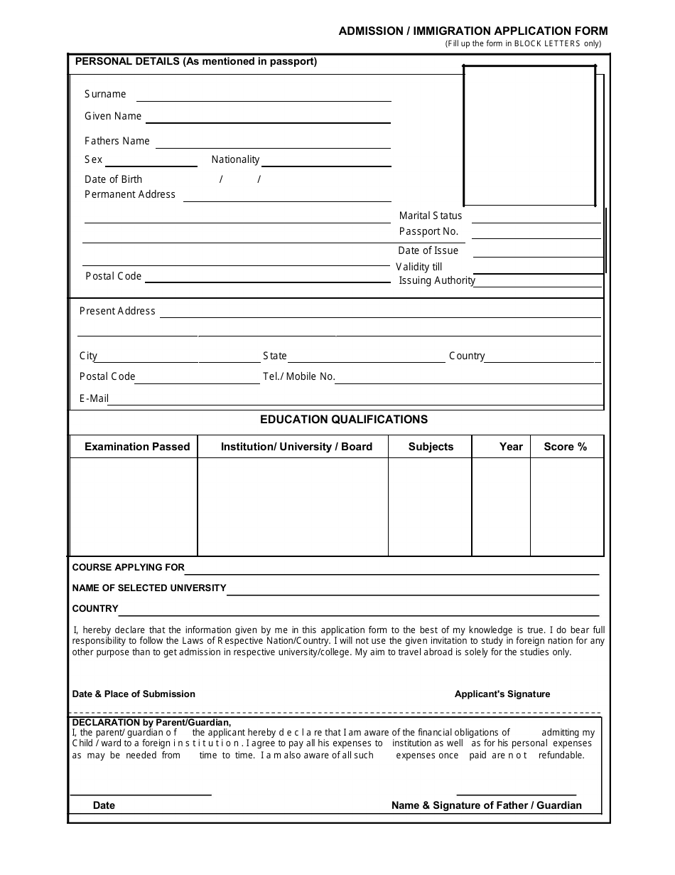 Admission / Immigration Application Form for Indian Students, Page 1