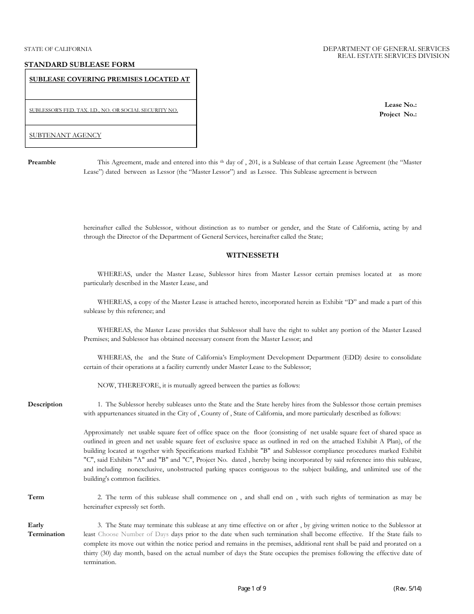 Standard Sublease Form - California, Page 1