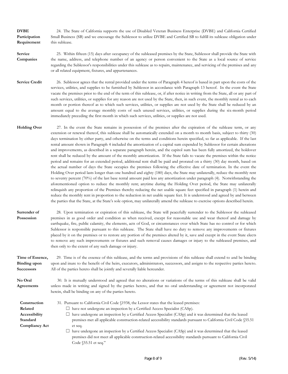 Standard Sublease Form - California, Page 8