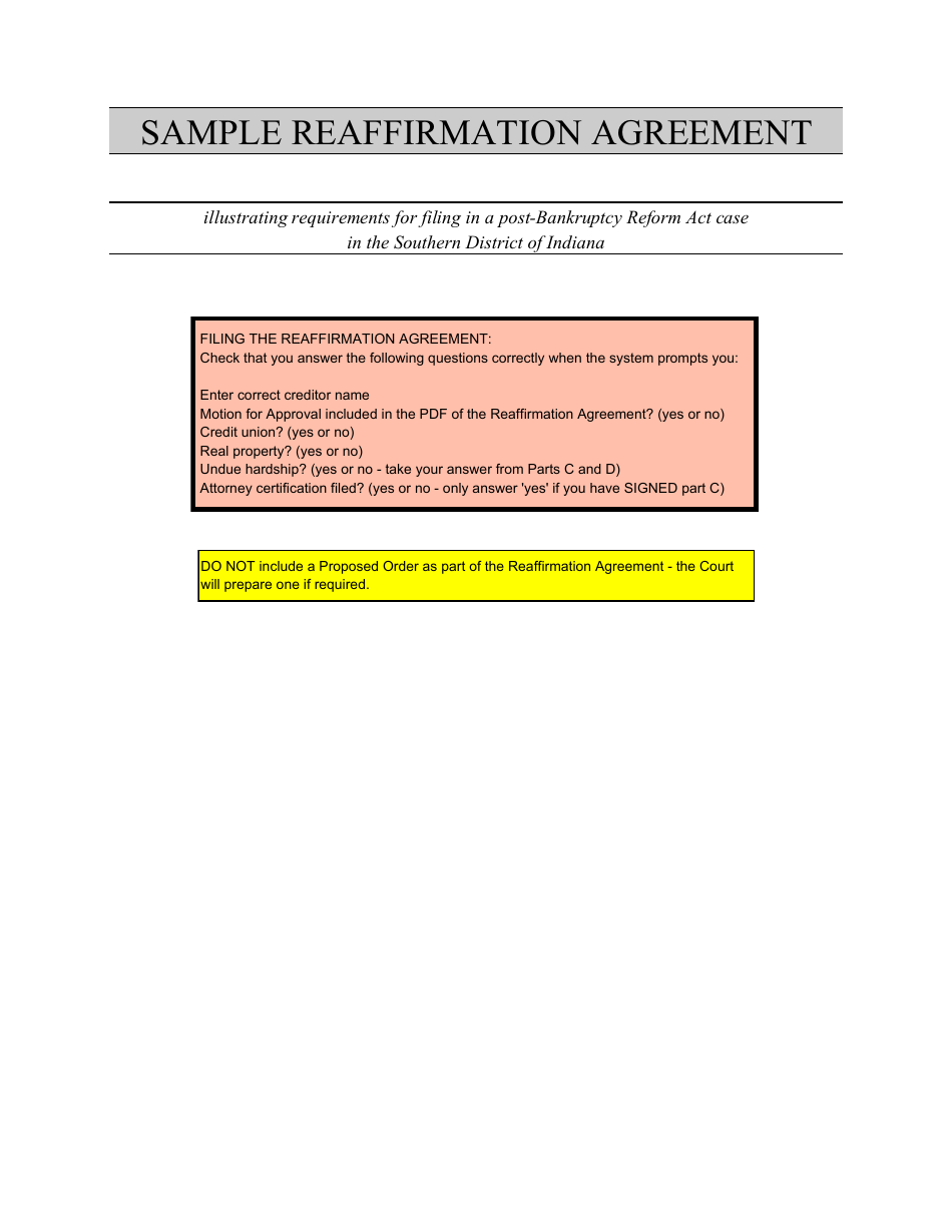 Instructions for Form 240A Sample Reaffirmation Agreement - Indiana, Page 1