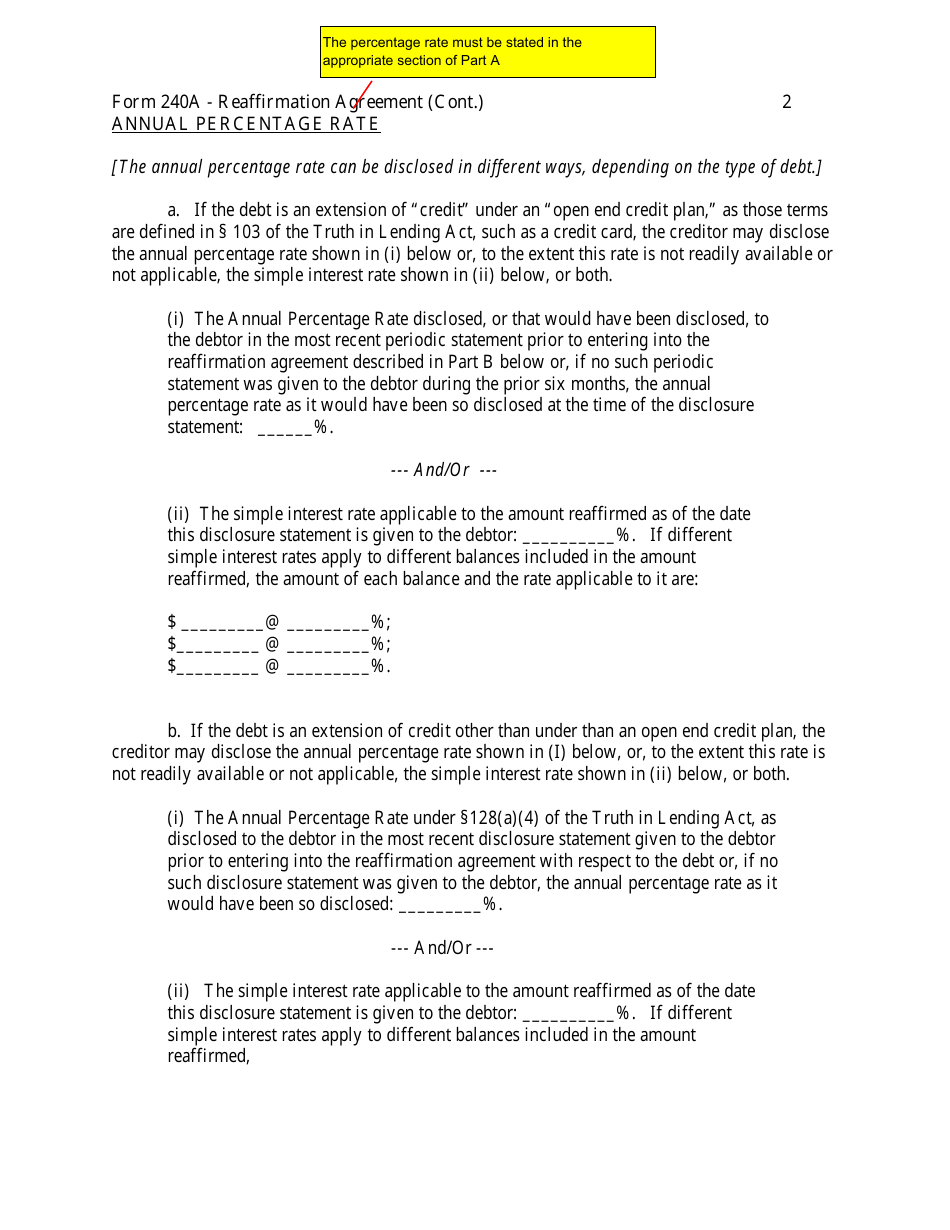 Instructions for Form 240A Sample Reaffirmation Agreement - Indiana, Page 3