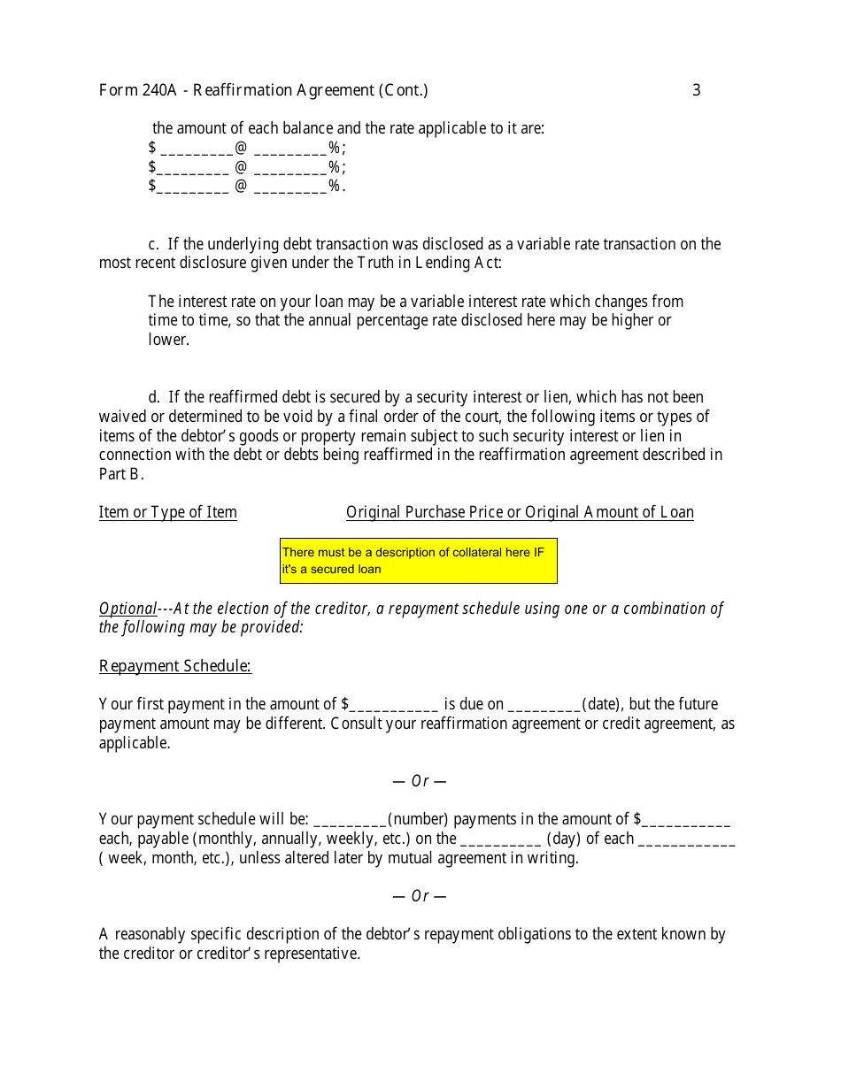 Instructions for Form 240A Sample Reaffirmation Agreement - Indiana, Page 4