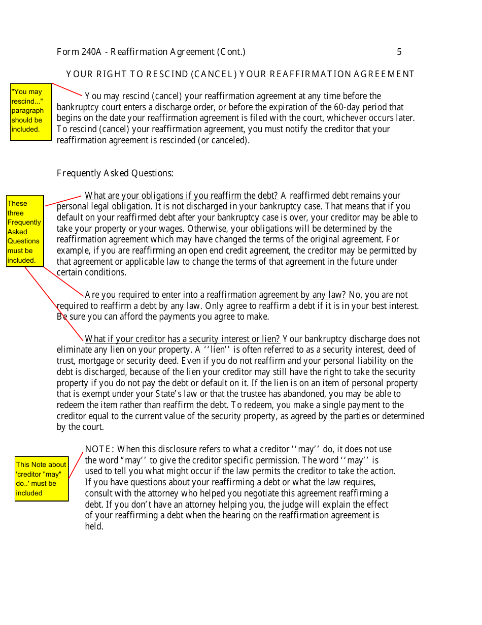 Instructions for Form 240A Sample Reaffirmation Agreement - Indiana, Page 6