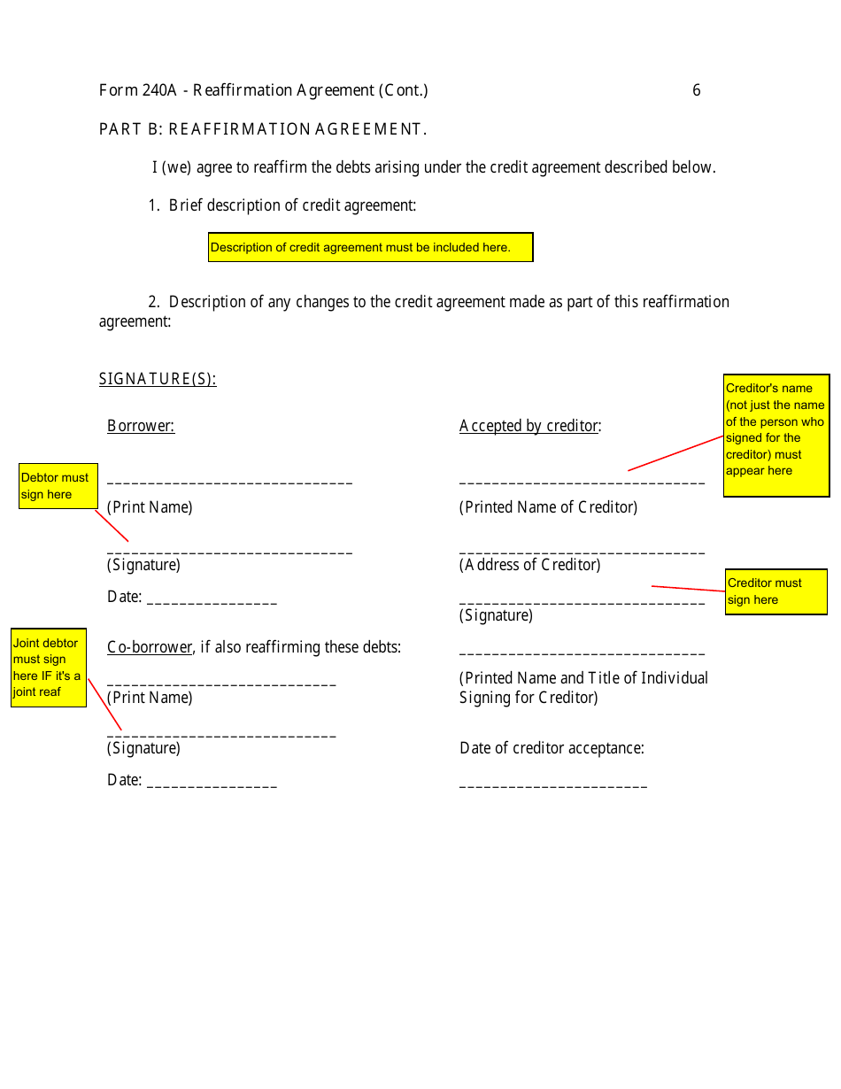 Download Instructions For Form 240a Sample Reaffirmation Agreement Pdf Templateroller 8115