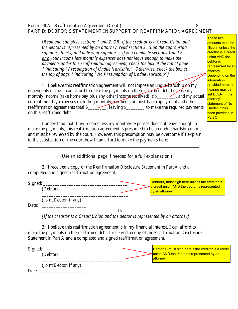 Instructions for Form 240A Sample Reaffirmation Agreement - Indiana, Page 9
