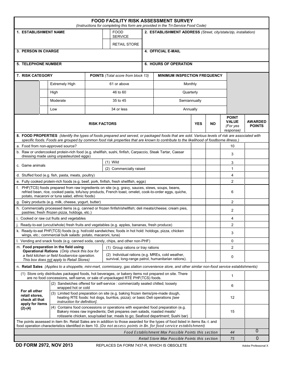 DD Form 2972 Food Facility Risk Assessment Survey, Page 1