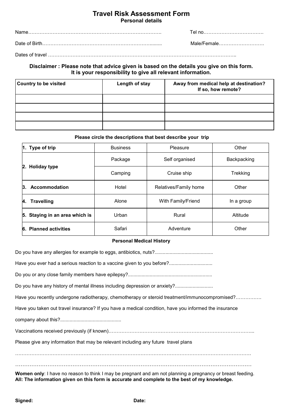 Travel Risk Assessment Form, Page 1