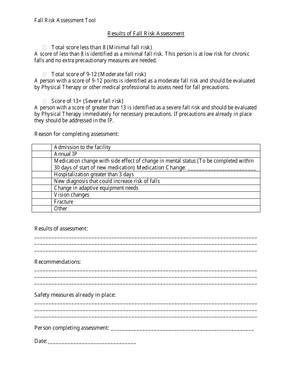 Fall Risk Assessment Checklist Template Download Printable Pdf Templateroller 8189