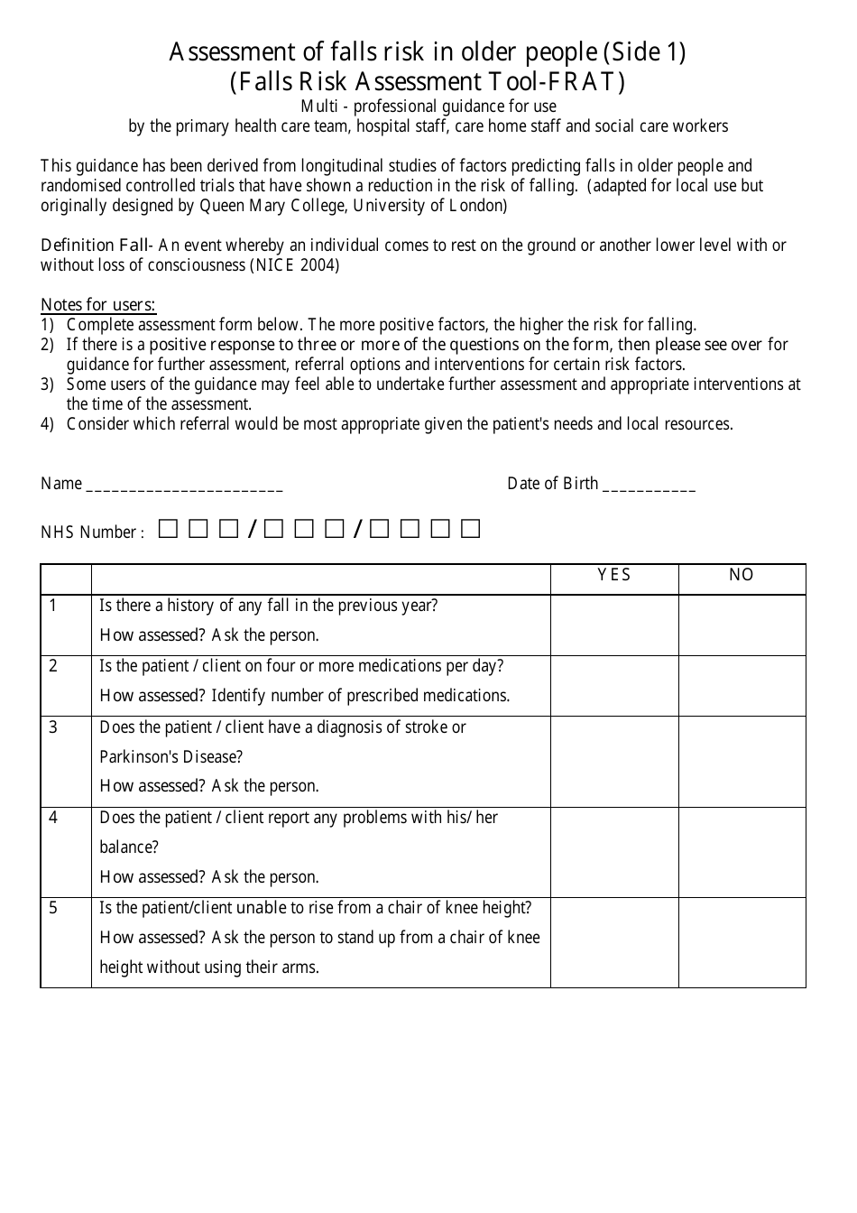 Falls Risk Assessment Tool Template For Older People Download Printable Pdf Templateroller 5030