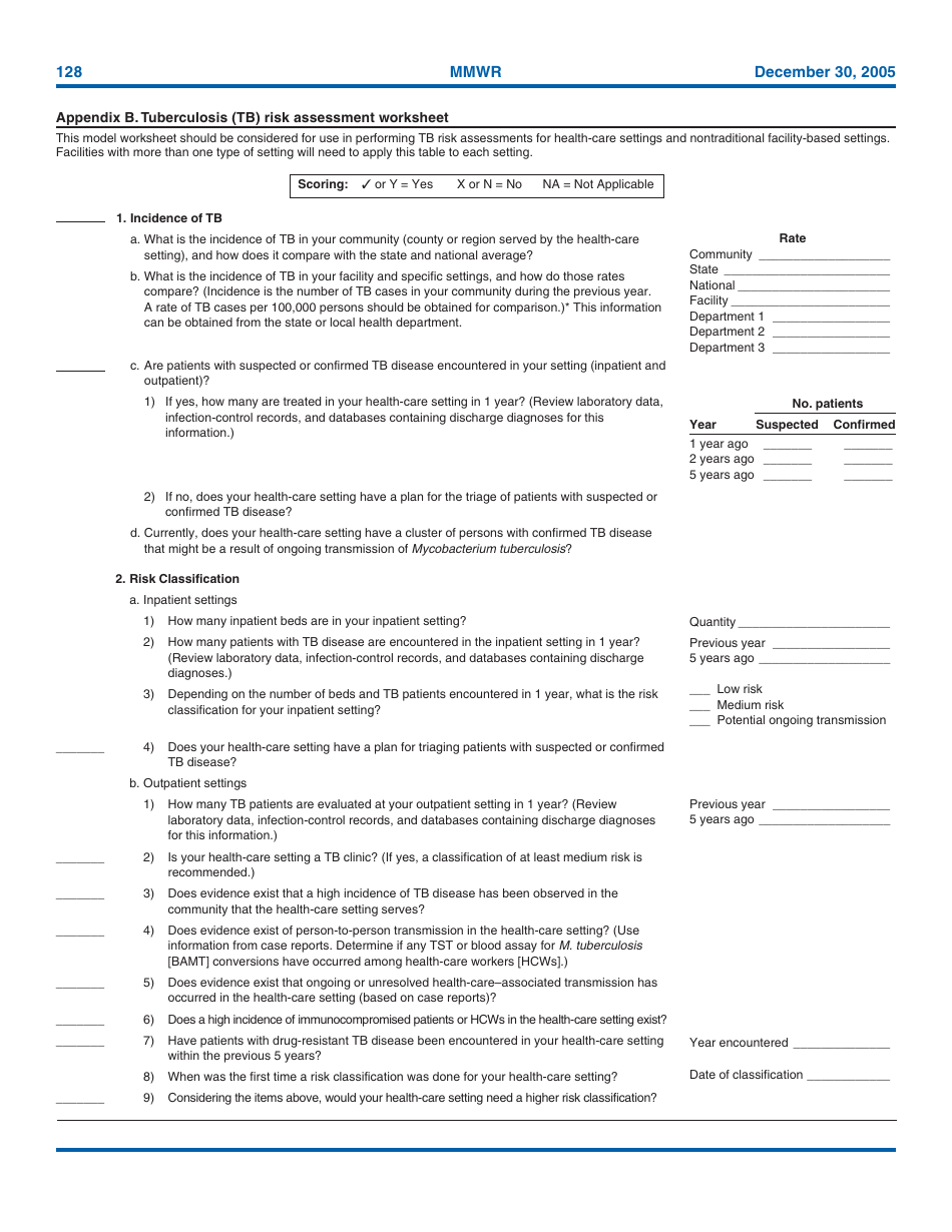 Tuberculosis Risk Assessment Worksheet Download Printable PDF