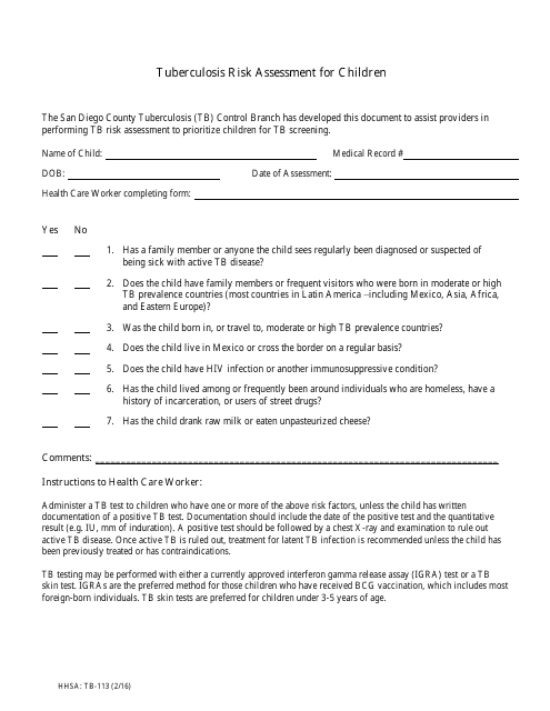 Form TB-113 Tuberculosis Risk Assessment for Children - San Diego County, California