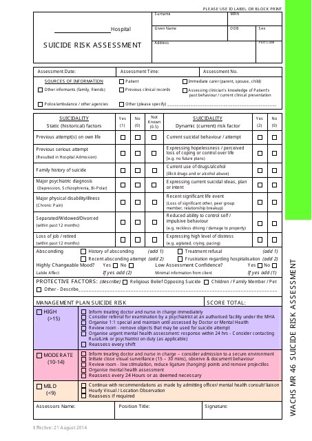 Suicide Risk Assessment Form - WA Country Health Service (Wachs)