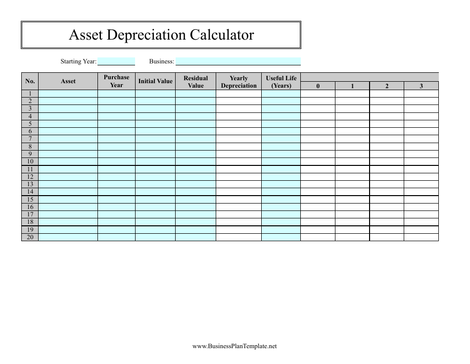 Asset Depreciation Calculator Spreadsheet Template, Page 1