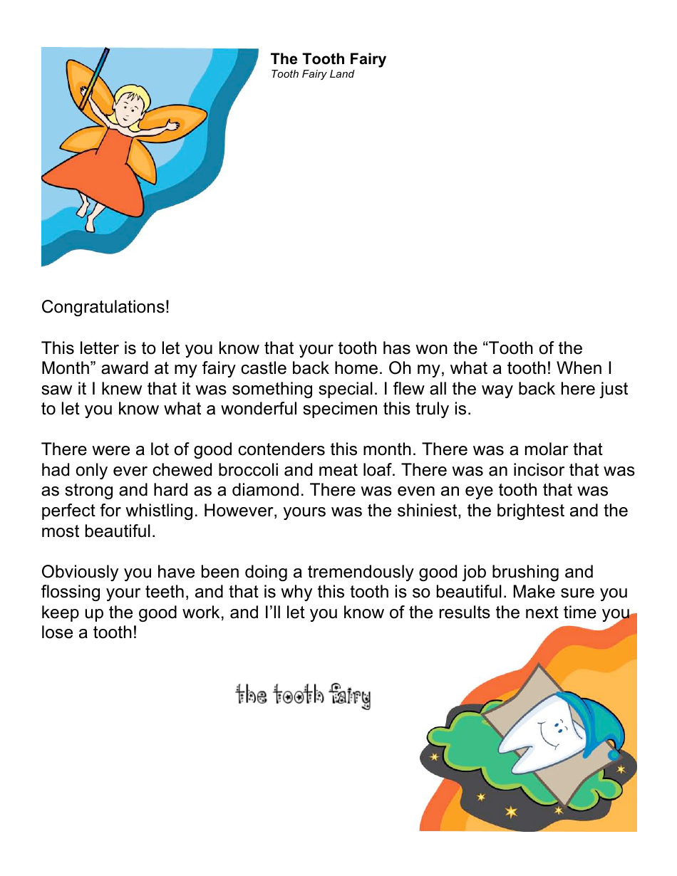 Sample Tooth of the Month Award Letter From the Tooth Fairy, Page 1
