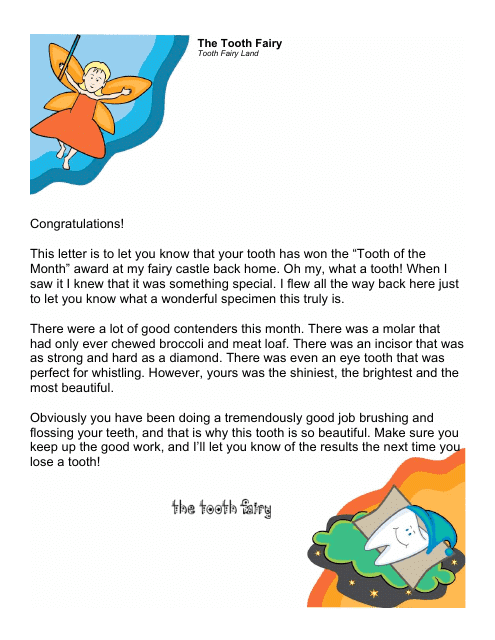 Sample &quot;Tooth of the Month Award Letter From the Tooth Fairy&quot; Download Pdf
