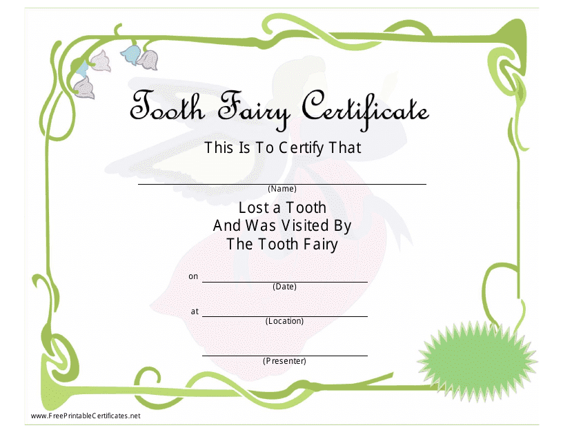 Green Tooth Fairy Certificate Template Download Pdf