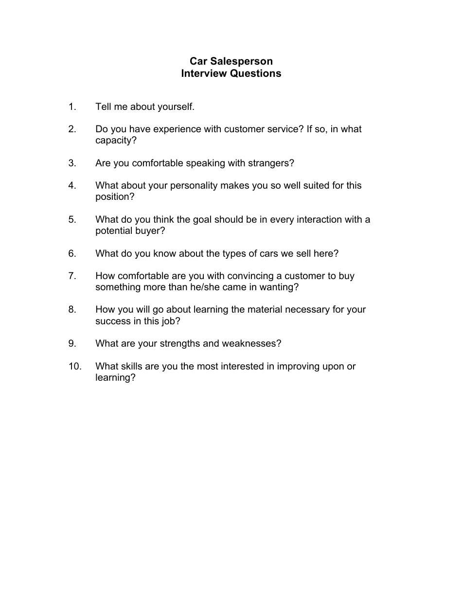 Sample Car Salesperson Interview Questions Fill Out, Sign Online and