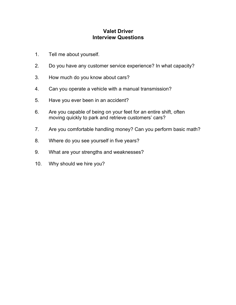Sample Valet Driver Interview Questions, Page 1
