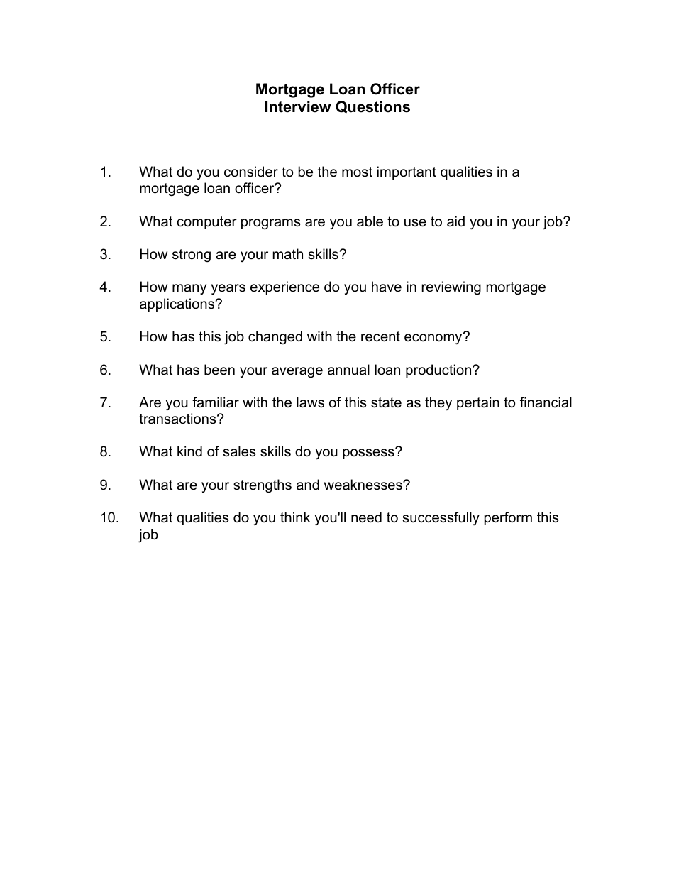 Sample Mortgage Loan Officer Interview Questions, Page 1