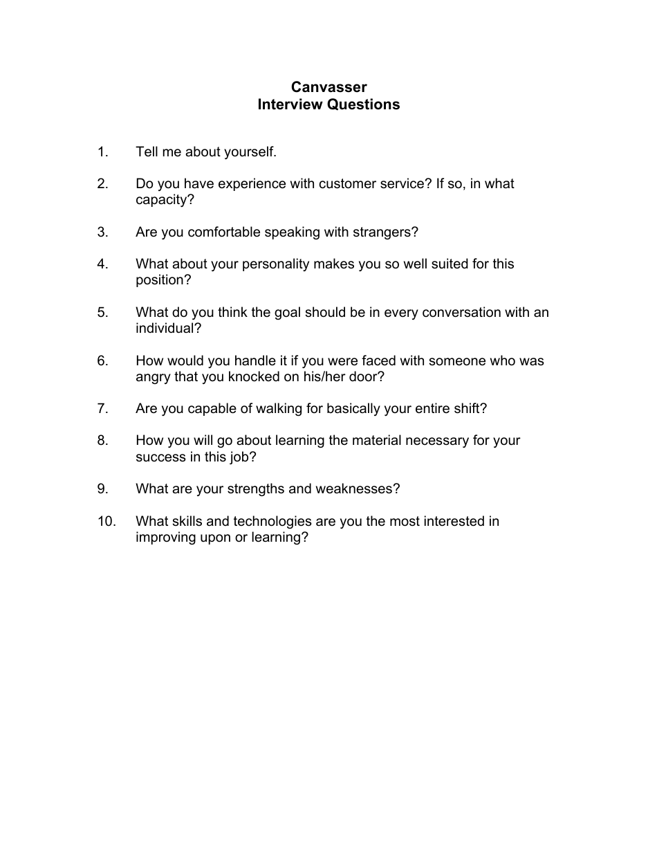 Sample Canvasser Interview Questions, Page 1