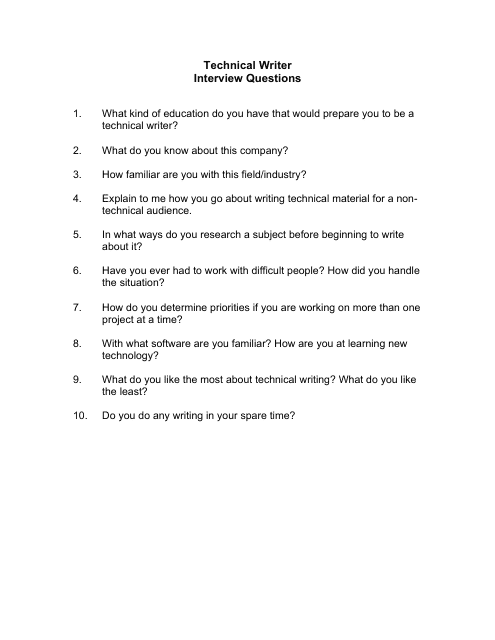 Sample Technical Writer Interview Questions Download Pdf