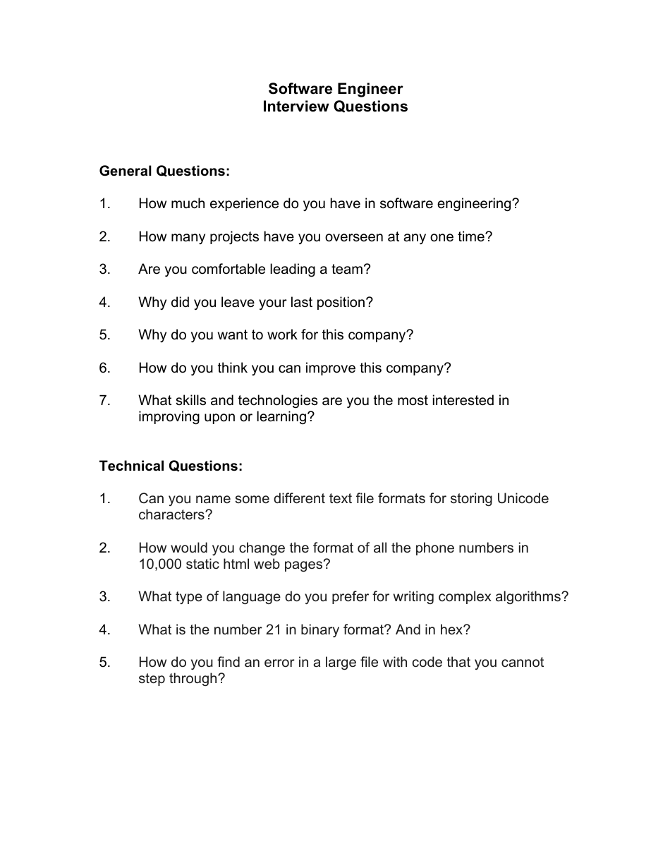 Sample Software Engineer Interview Questions Fill Out Sign Online 