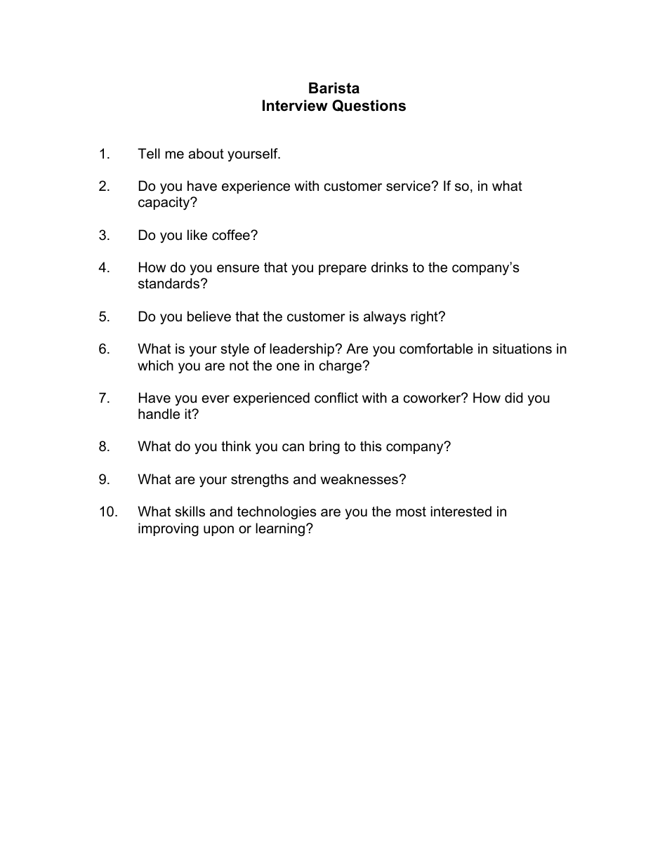 Sample Barista Interview Questions, Page 1