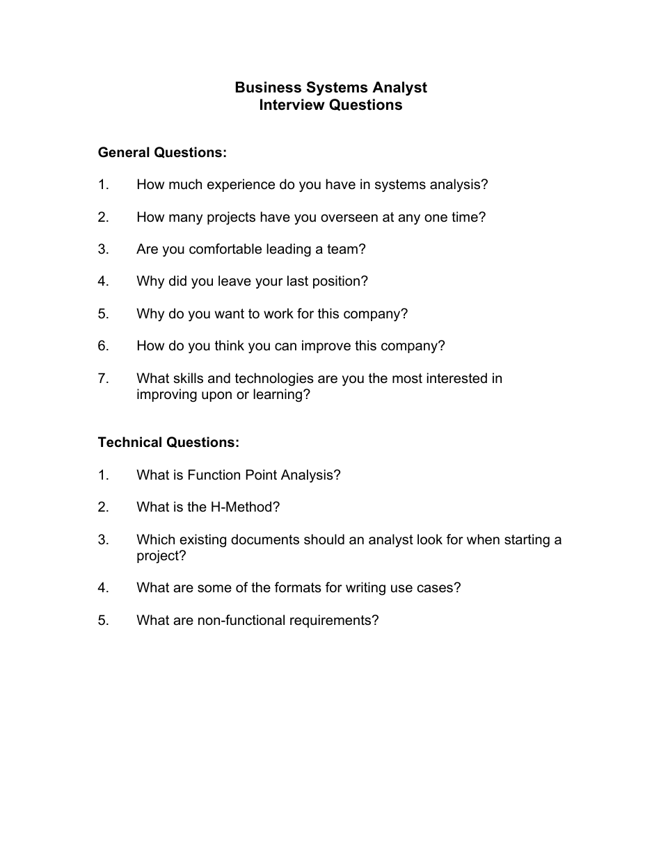 Sample Business System Analyst Interview Questions, Page 1