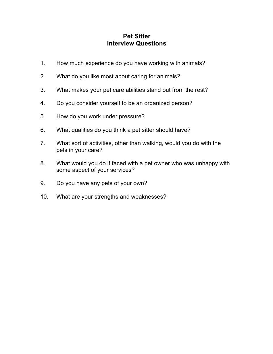 Sample Pet Sitter Interview Questions, Page 1