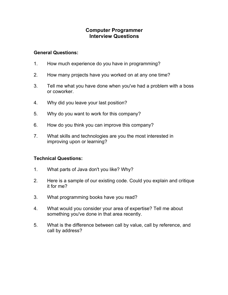 Sample Computer Programmer Interview Questions, Page 1