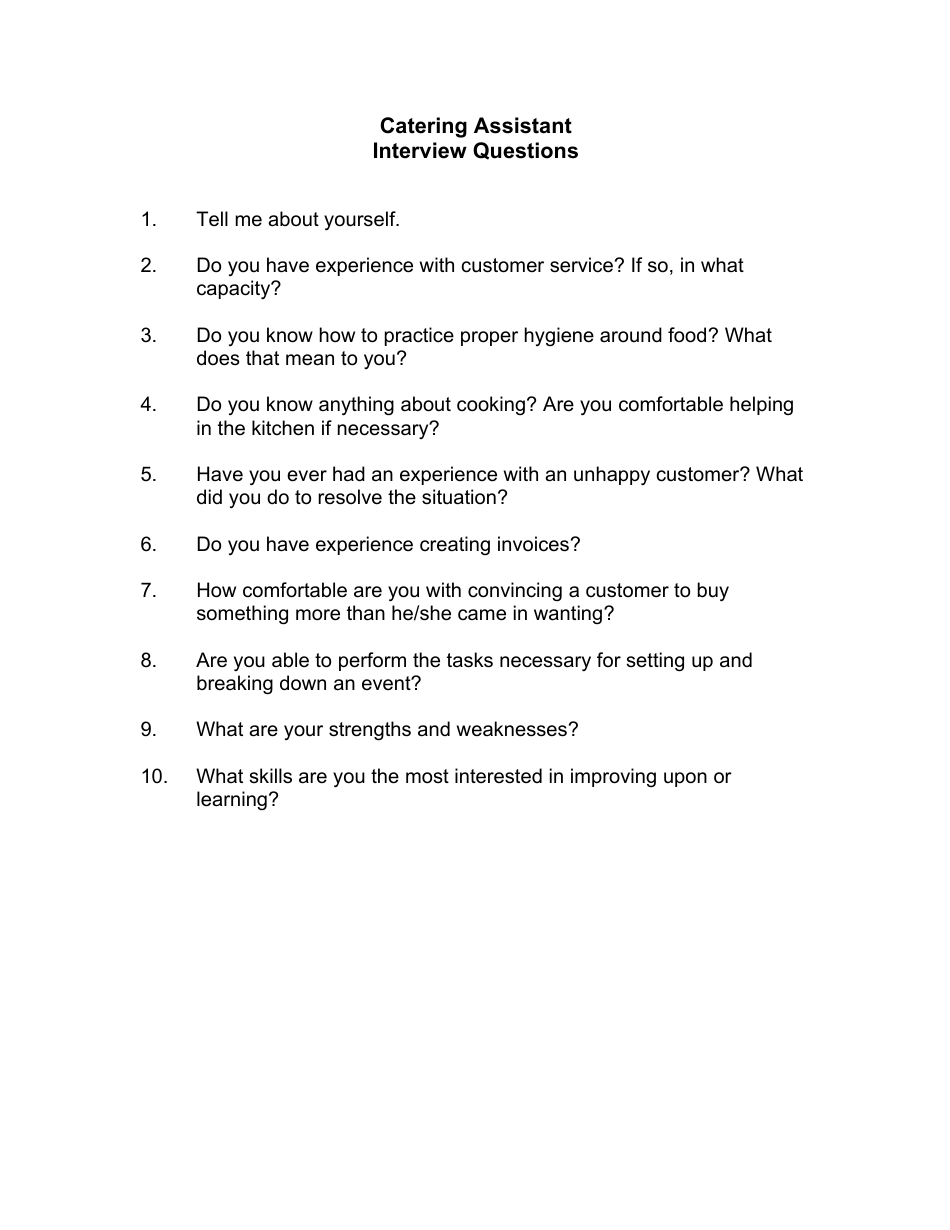 Sample Catering Assistant Interview Questions, Page 1