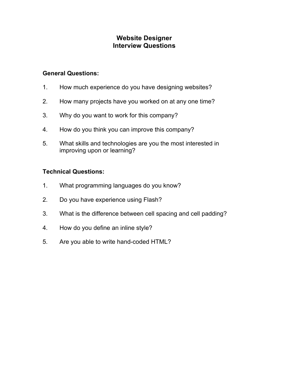 Sample Website Designer Interview Questions Fill Out, Sign Online and