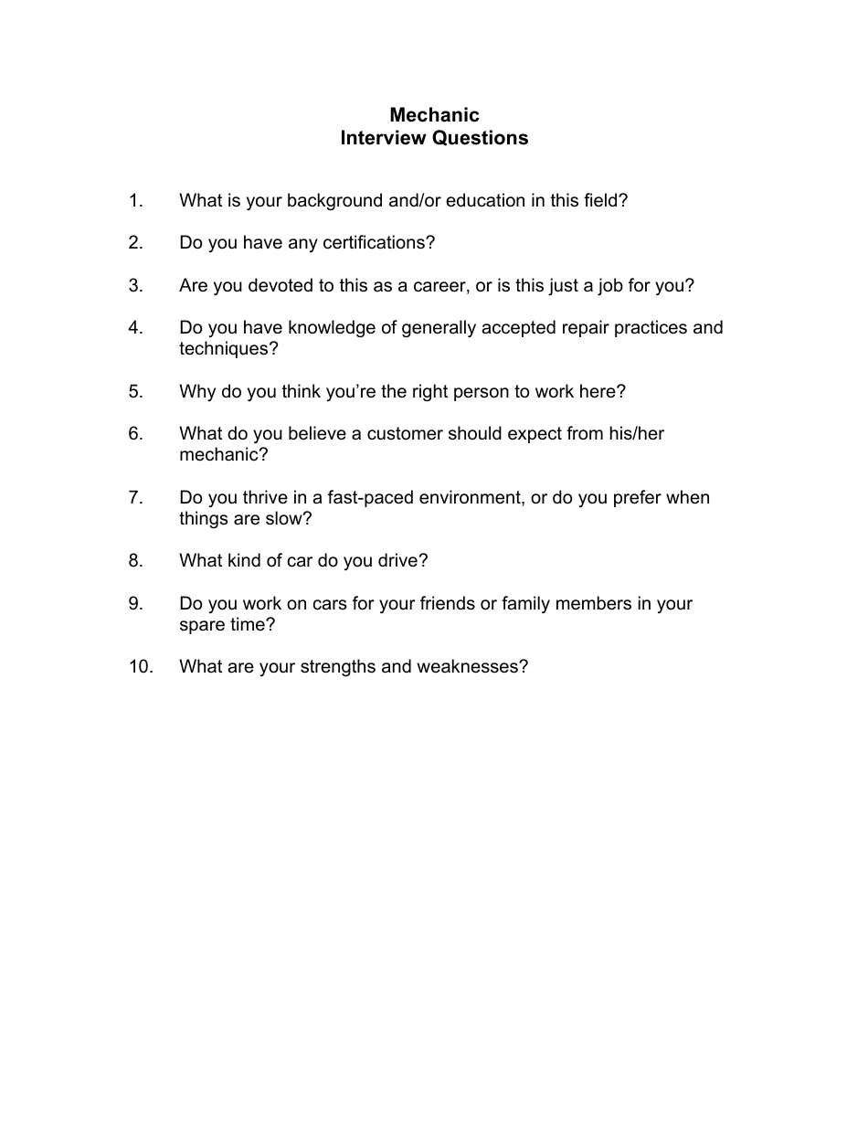 Sample Mechanic Interview Questions, Page 1