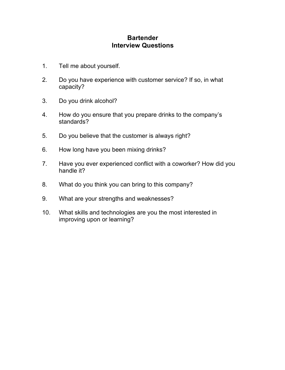 Sample Bartender Interview Questions, Page 1