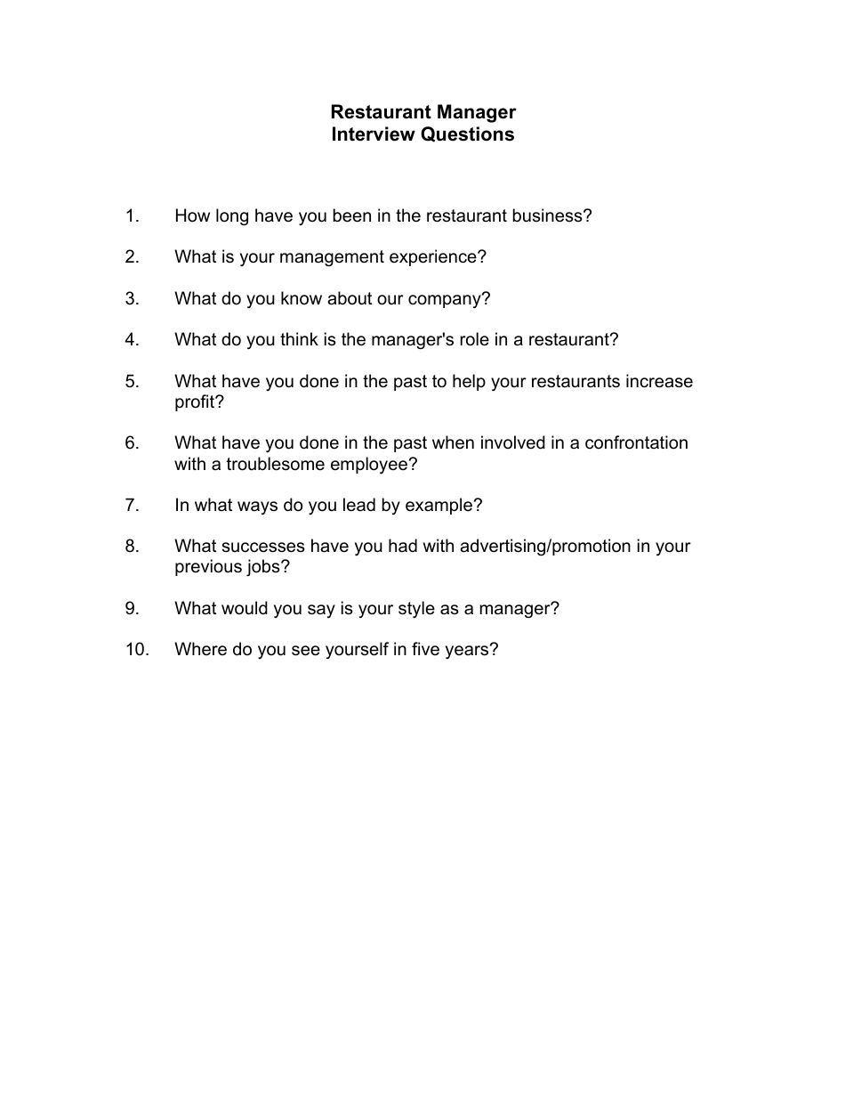 Sample Restaurant Manager Interview Questions - Fill Out, Sign Online