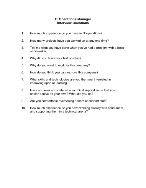&quot;Sample It Operations Manager Interview Questions&quot; Download Pdf