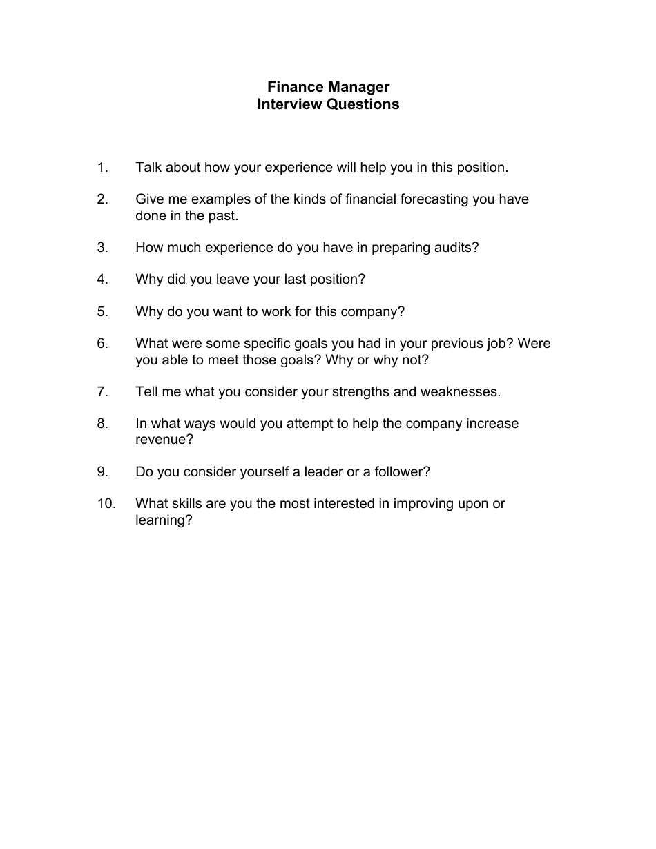Sample Finance Manager Interview Questions, Page 1