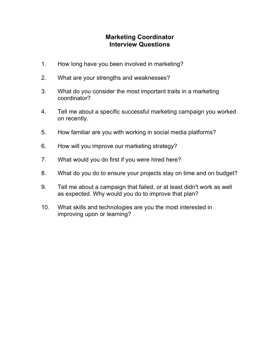 Sample Marketing Coordinator Interview Questions, Page 1