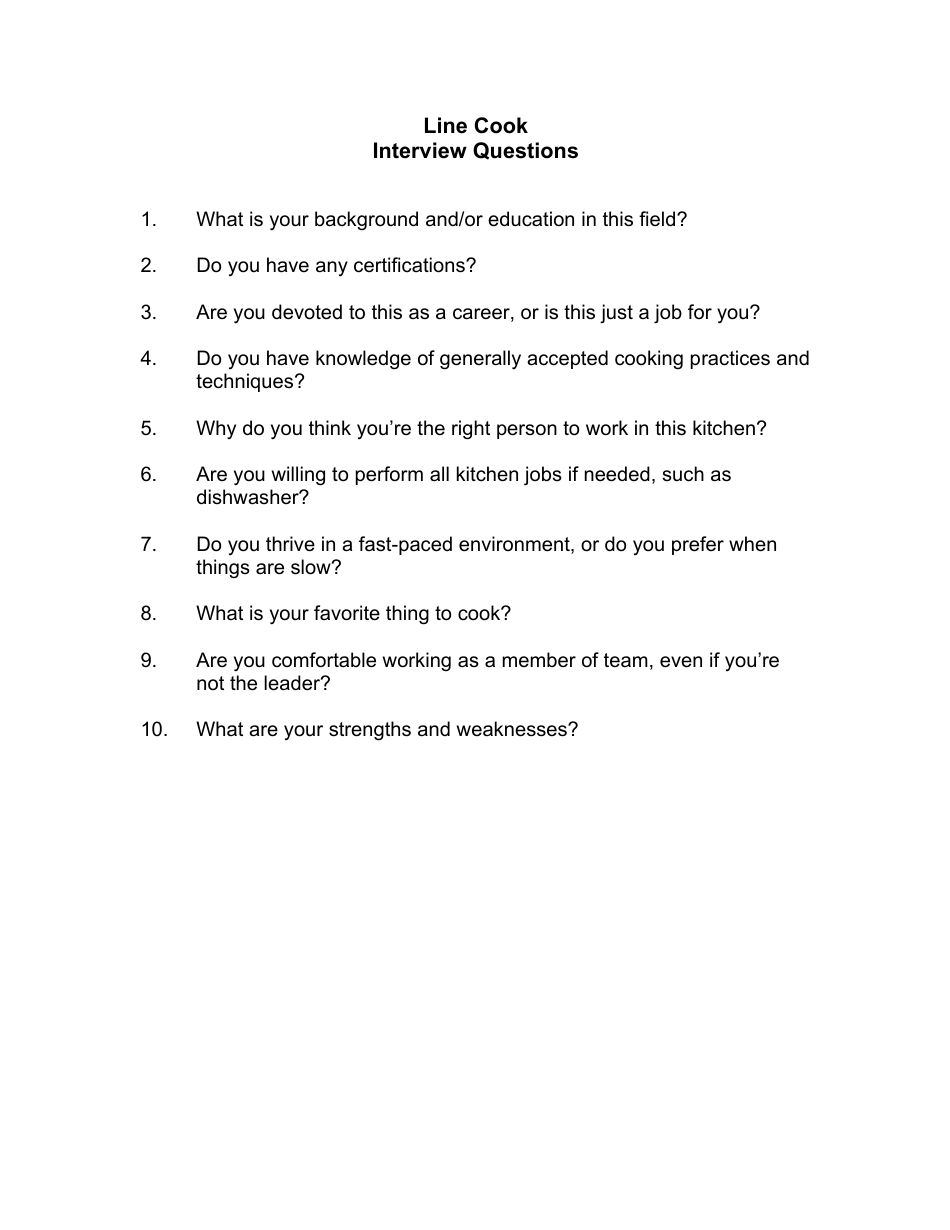 Sample Line Cook Interview Questions, Page 1