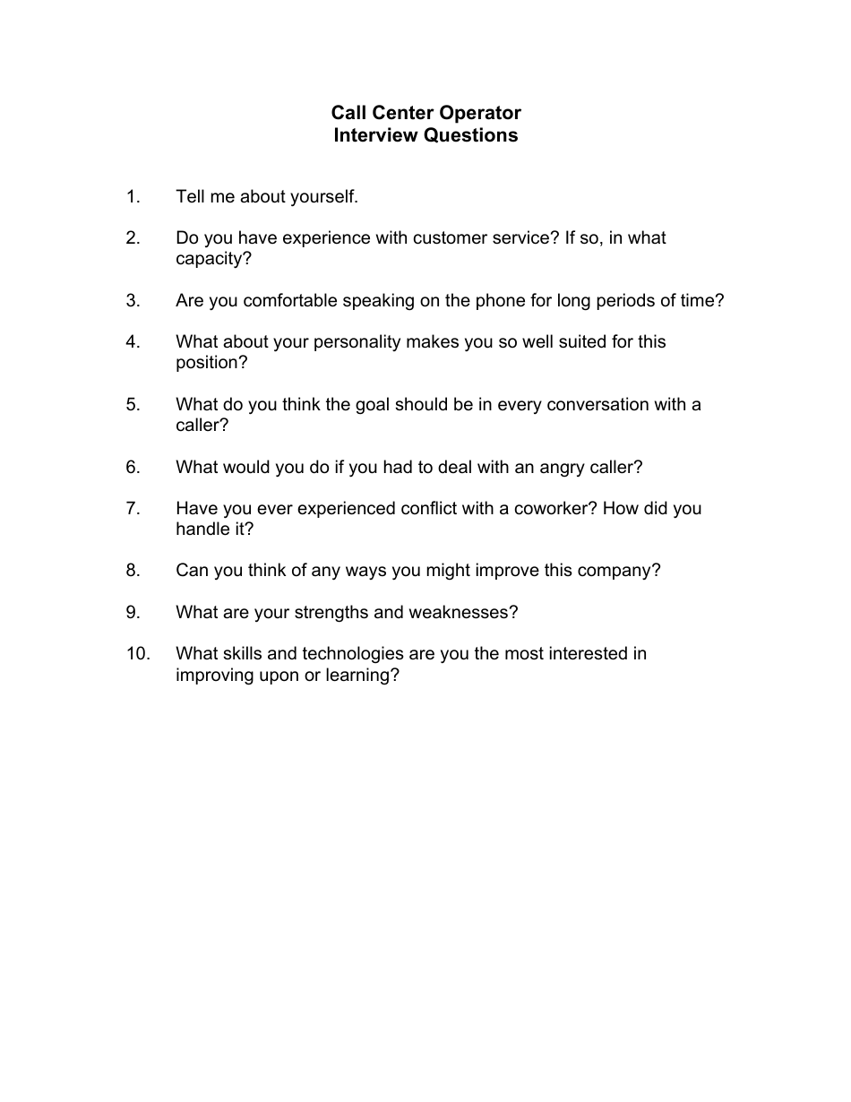 Sample Call Center Interview Questions Fill Out Sign Online And 