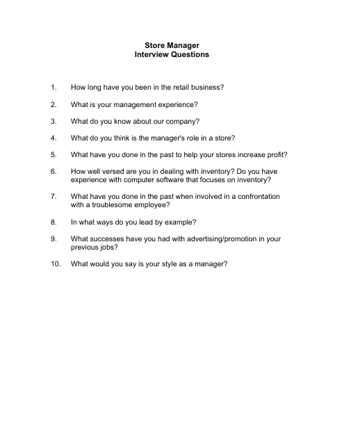 &quot;Sample Store Manager Interview Questions&quot; Download Pdf