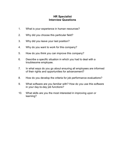 Sample HR Specialist Interview Questions Download Pdf