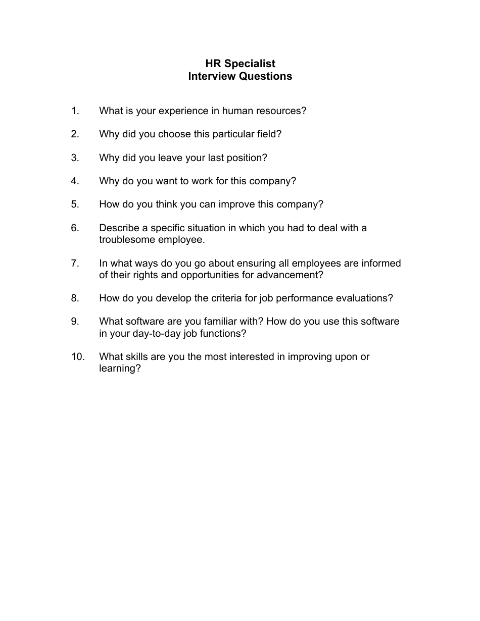 Sample HR Specialist Interview Questions Fill Out Sign Online And 