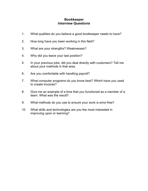 Sample Bookkeeper Interview Questions Download Pdf