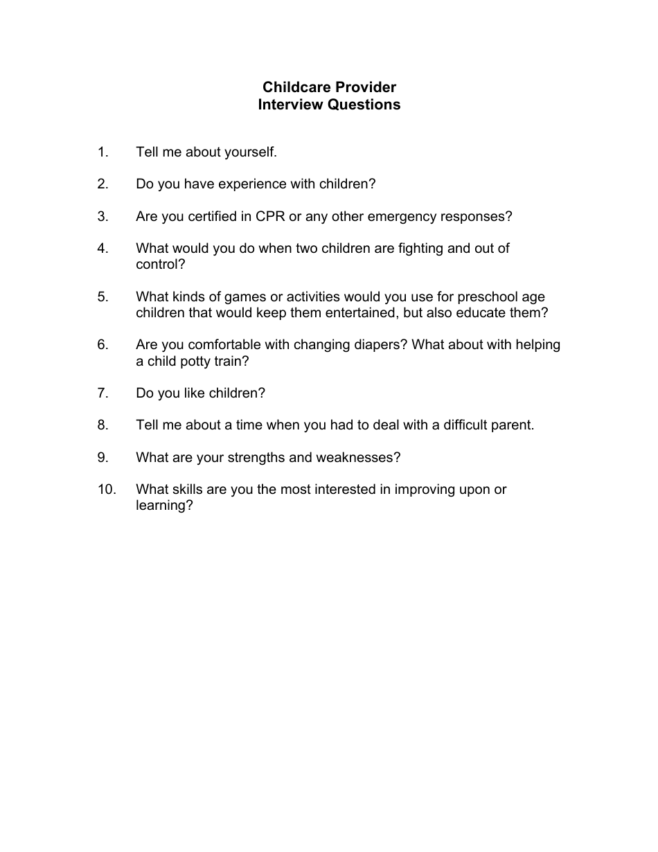 Sample Childcare Provider Interview Questions Fill Out Sign Online 