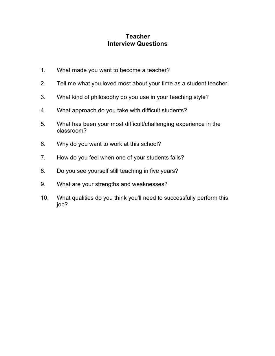 Sample Teacher Interview Questions Fill Out Sign Online And Download   Sample Teacher Interview Questions Print Big 