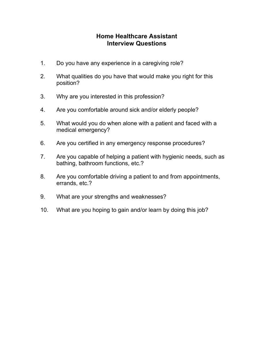 Sample Home Healthcare Assistant Interview Questions Fill Out Sign 