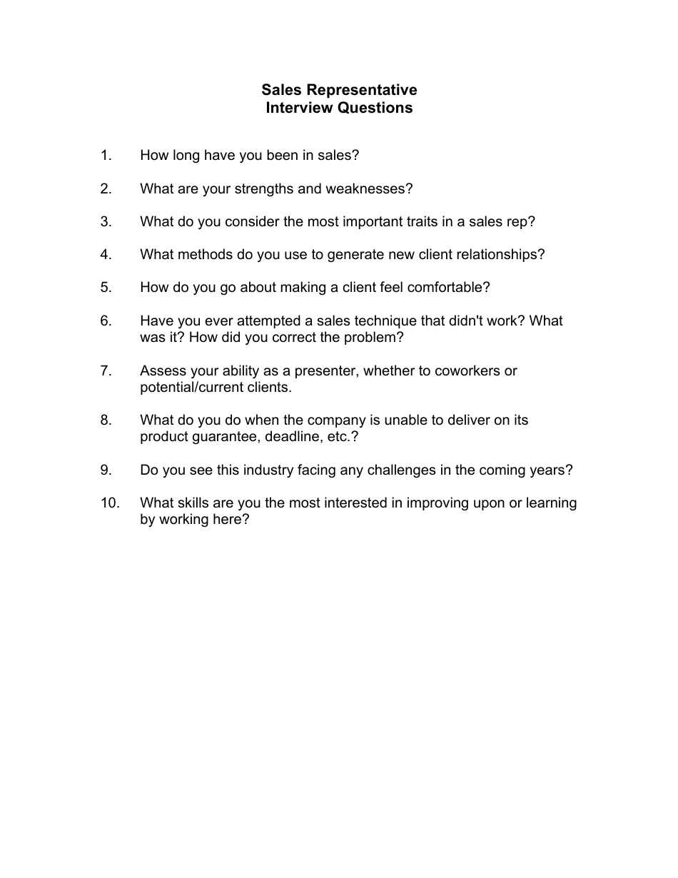 Sample Sales Representative Interview Questions, Page 1