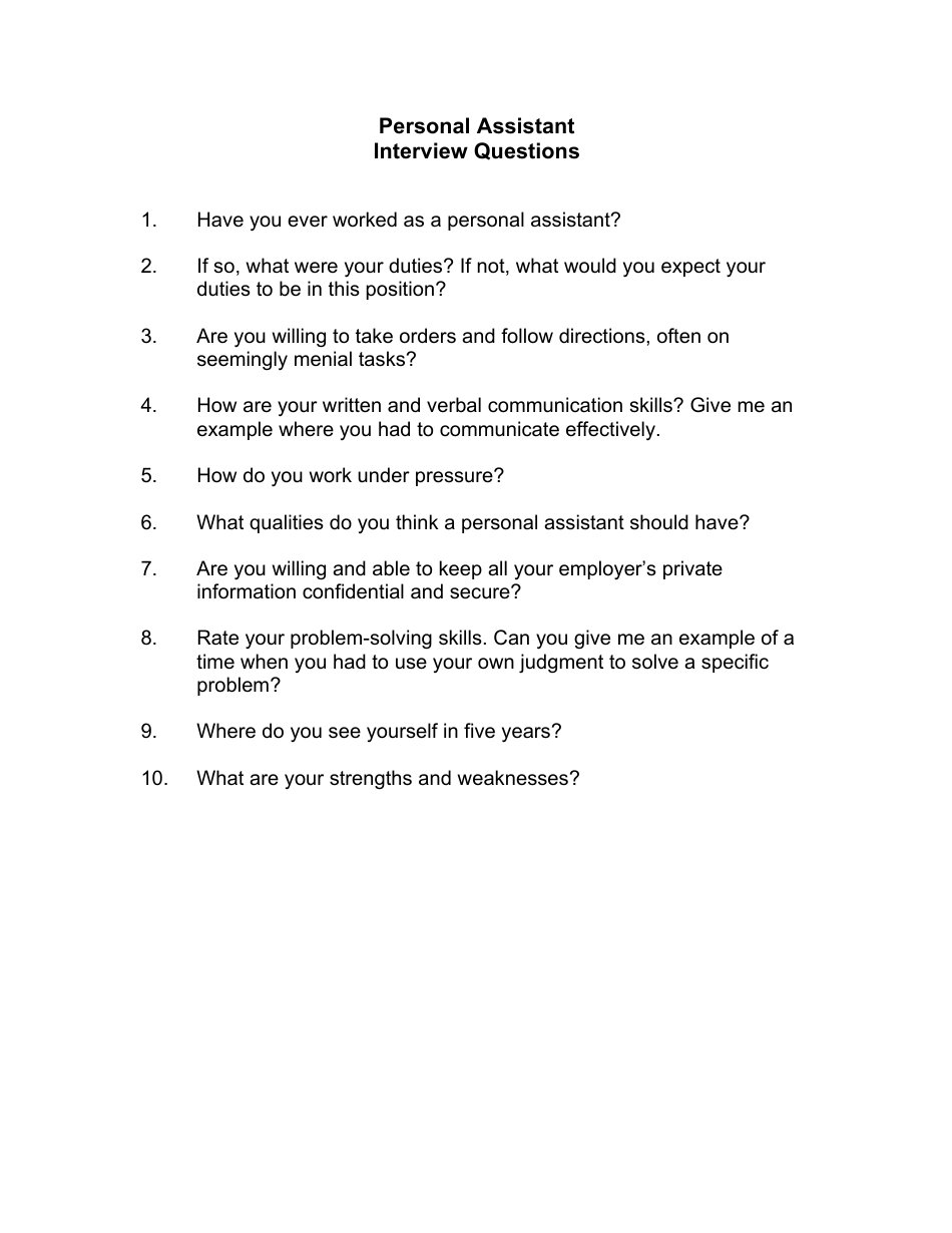 Sample Personal Assistant Interview Questions, Page 1